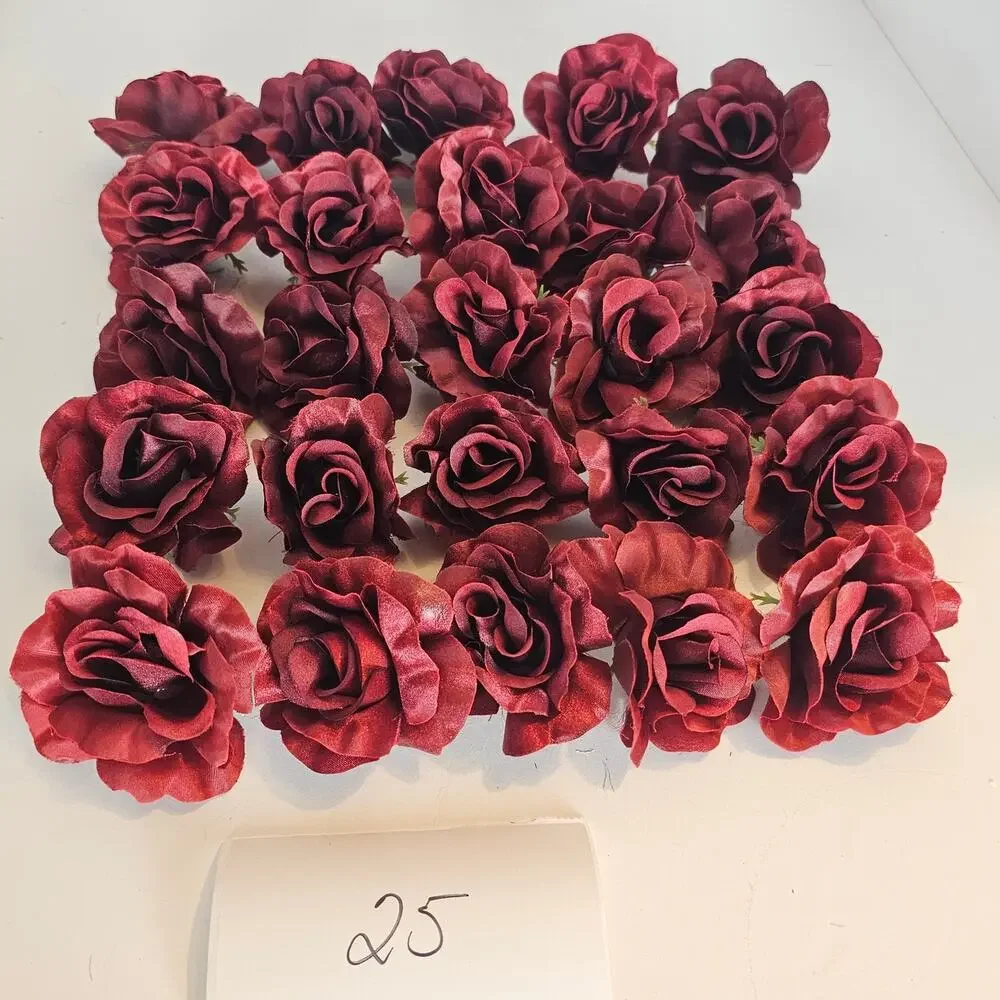 25 Burgundy Red Satin Rose Heads Stemless Wedding Floral Craft DIY 2.5in Flowers